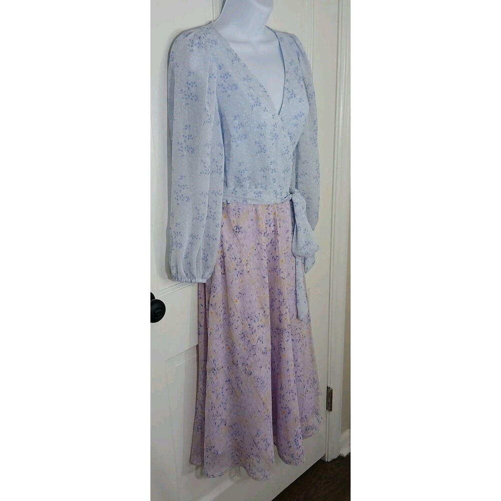 Ann Taylor Petite 6P Floral Wrap Midi Dress Blue Purple Metallic Stripe Tiered - Picture 8 of 14
